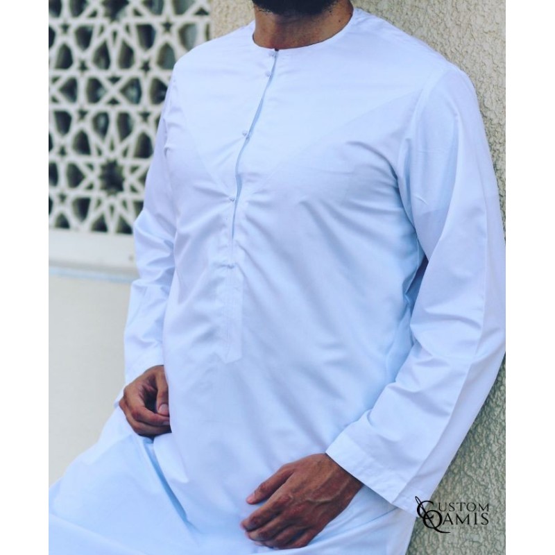 Qamis Emirati Tissu Platinium Blanc Sans Col