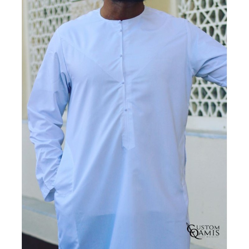 Qamis Emirati Tissu Platinium Blanc Sans Col
