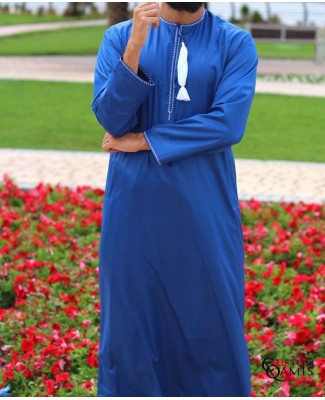 Omani thobe fabric Precious royal blue and white embroidery