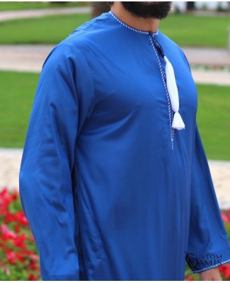 Omani thobe fabric Precious royal blue matt and white embroidery
