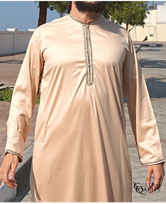 Qamis Al Masaf fabric Precious beige satin with embroidery dark brown color