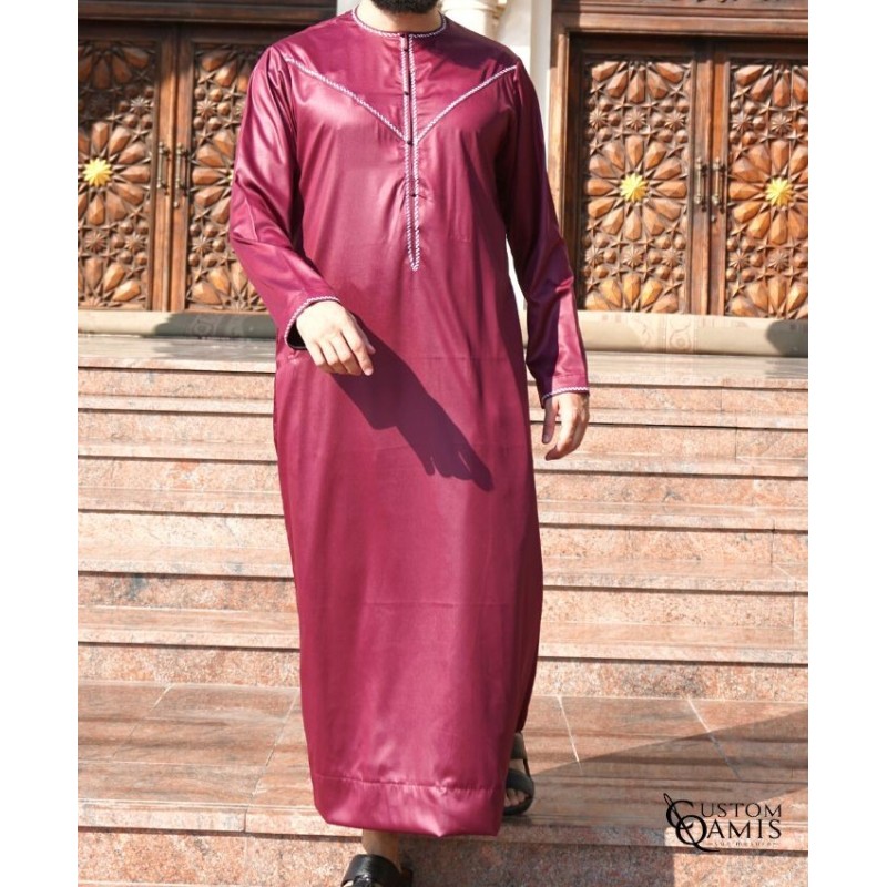 Qamis Emirati Tissu Precious Bordeaux Sans Col