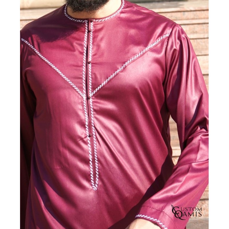 Emirati Kamees Burgundy Precious Satin Fabric Without Collar