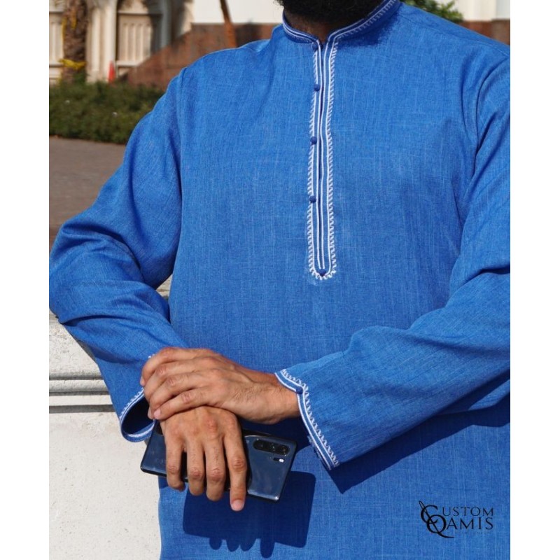 Qamis Al Masaf fabric Imperial : Charcoal Grey with embrodery red color