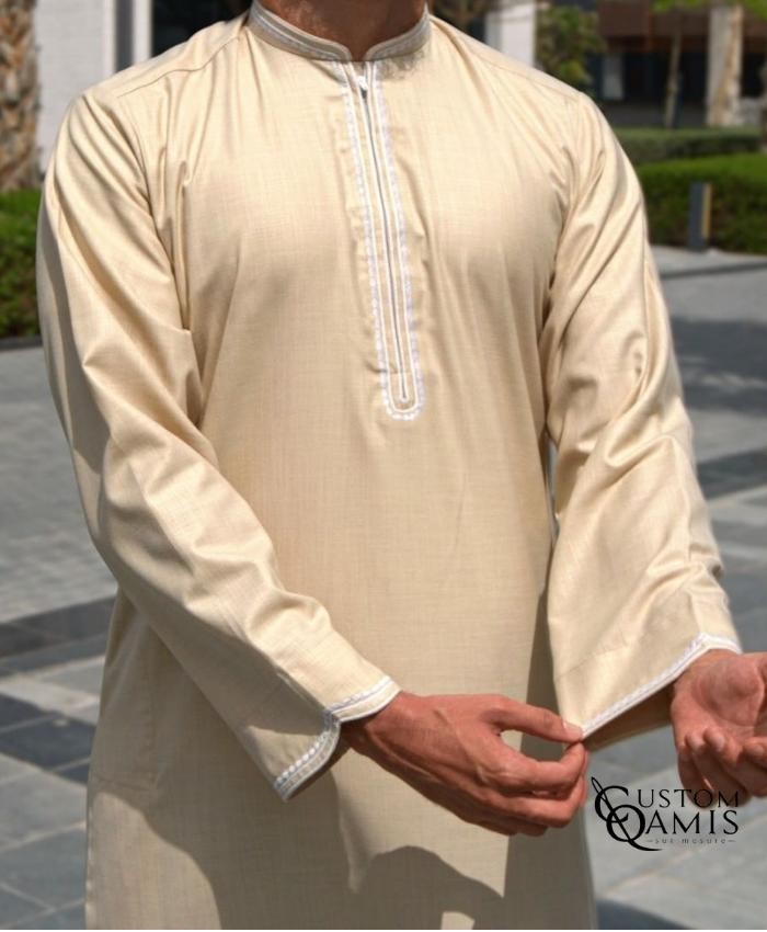 Al Masaf Thobe New Linen Fabric beige color white emroidery
