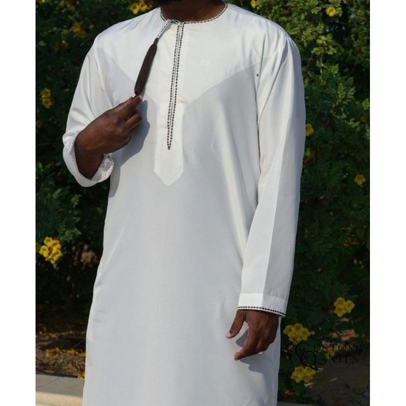 Omani Thobe Precious Fabric White Color with Brown Embroidery