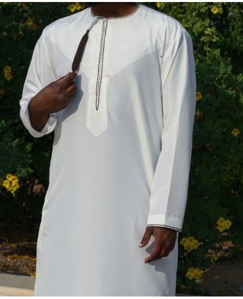 Omani Thobe Precious Fabric White Color with Brown Embroidery