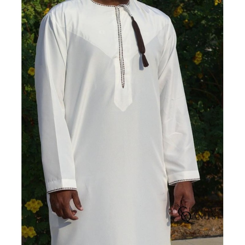 Omani Thobe Precious Fabric White Color with Brown Embroidery
