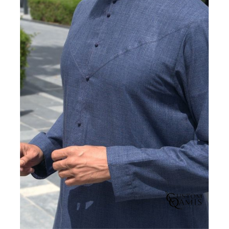 Qamis Emirati Tissu New Linen couleur bleu jean 