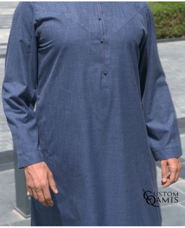 Qamis Emirati Tissu New Linen couleur bleu jean 