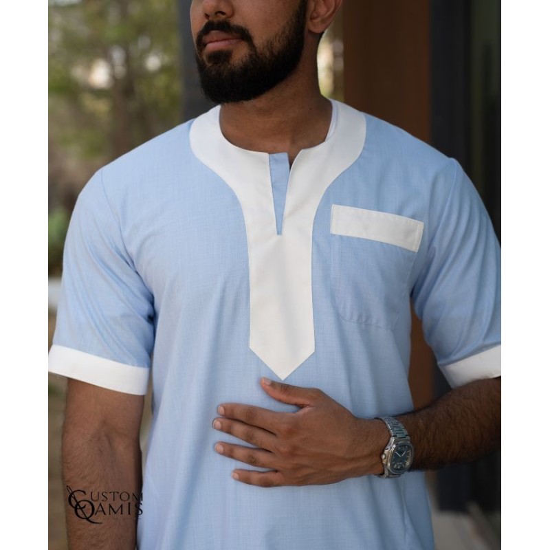 ÉDITION LIMITÉE - New Gandoura - New Linen Bleu ciel foncé/Platinium crème