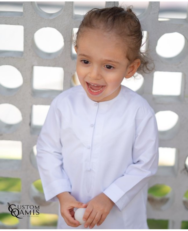Qamis Kids Emirati Kids Tissu Luxury Blanc Satiné