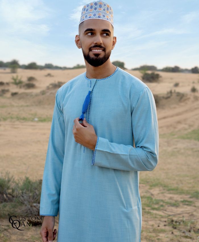 Omani thobe Linen Turquoise fabric and Blue embroidery