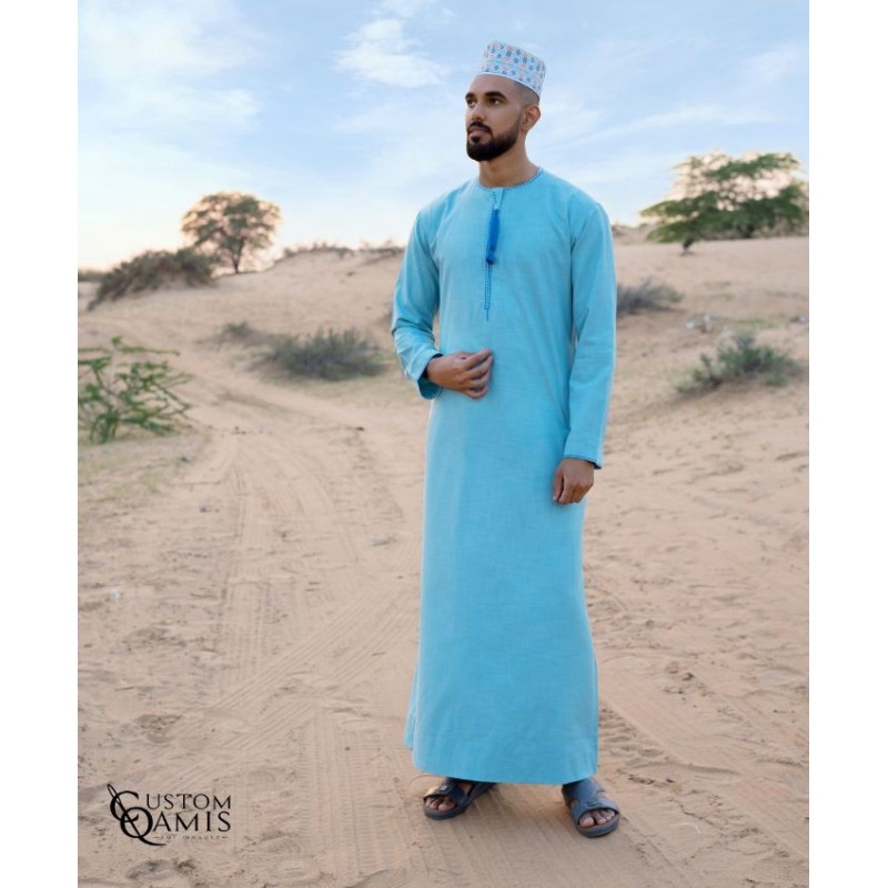 Omani thobe Linen cream fabric and light yellow embroidery