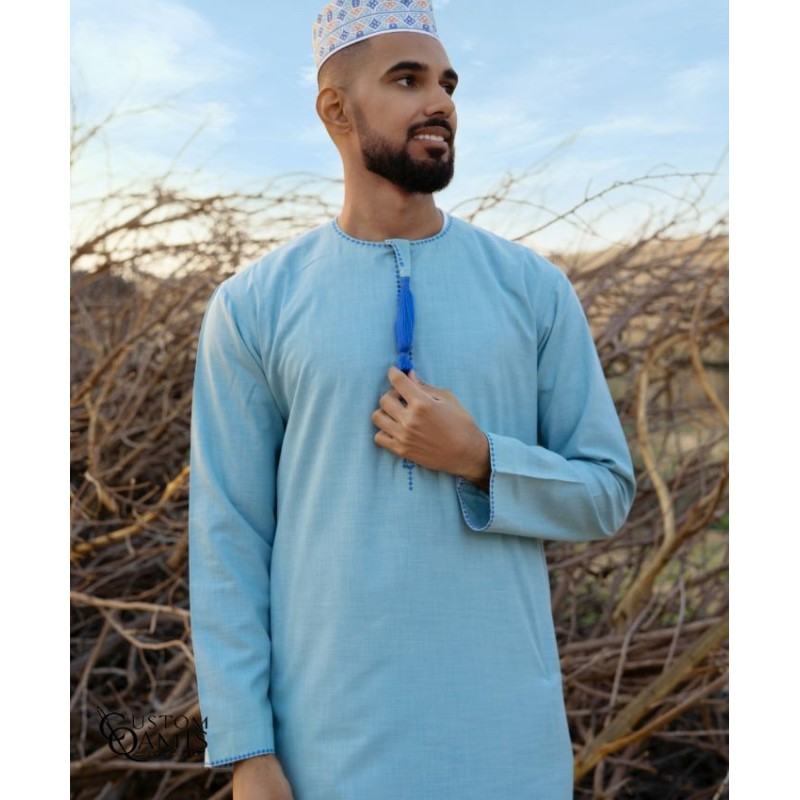 Omani thobe Linen cream fabric and light yellow embroidery
