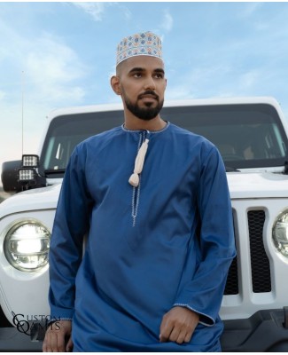 Omani thobe fabric Precious royal blue matt and beige embroidery