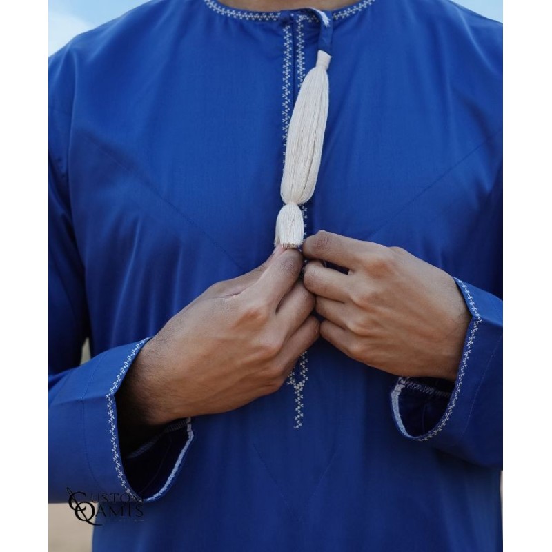 Omani thobe fabric Precious royal blue matt and beige embroidery