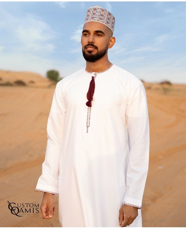 Omani Thobe Luxury Matt White Fabric and Yellow Embroidery