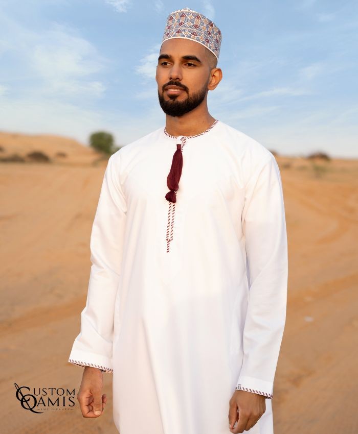 Omani Thobe Luxury Matt White Fabric and Burgundy Embroidery