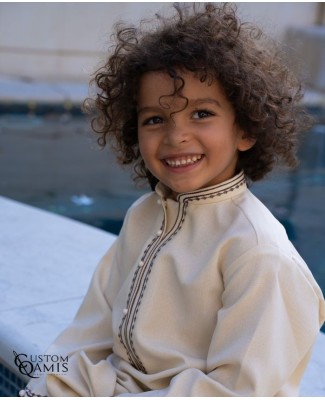 Qamis Al Masaf Tissu New Linen couleur beige broderie Marron