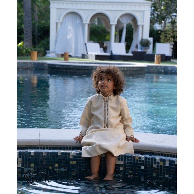 Qamis Al Masaf Tissu New Linen couleur beige broderie Marron