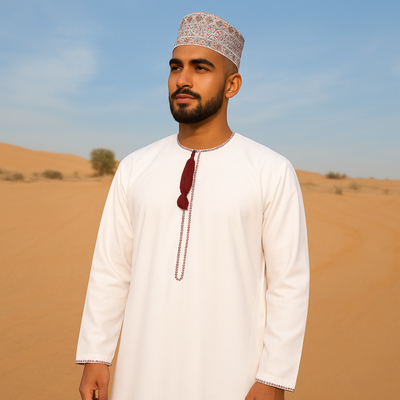 Omani Thobe Luxury Matt White Fabric and Burgundy Embroidery