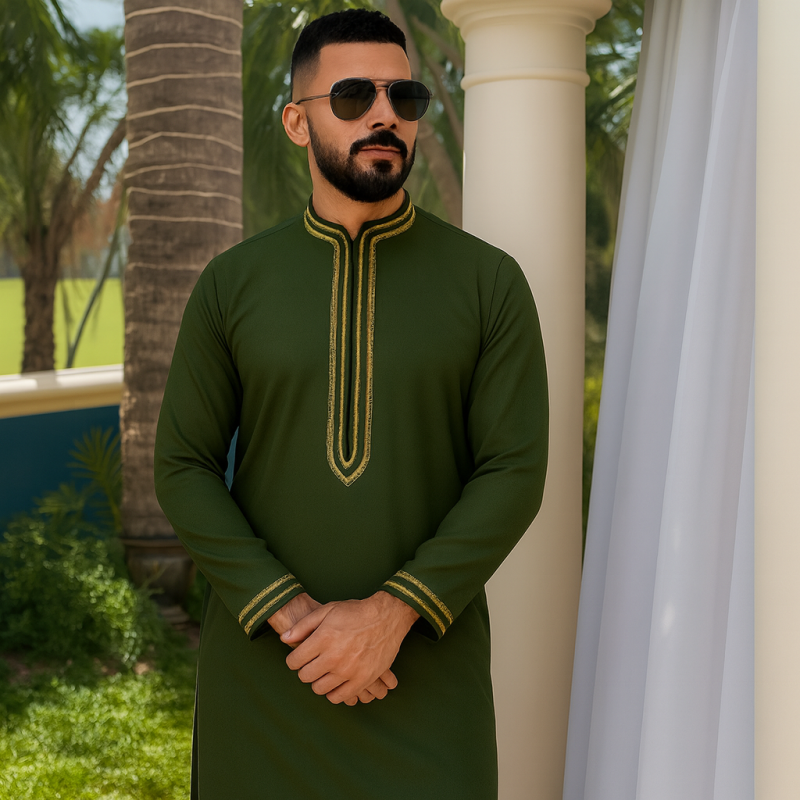 Qamis Sultan Tissu New Linen Couleur Vert Pétrole Broderie Jaune