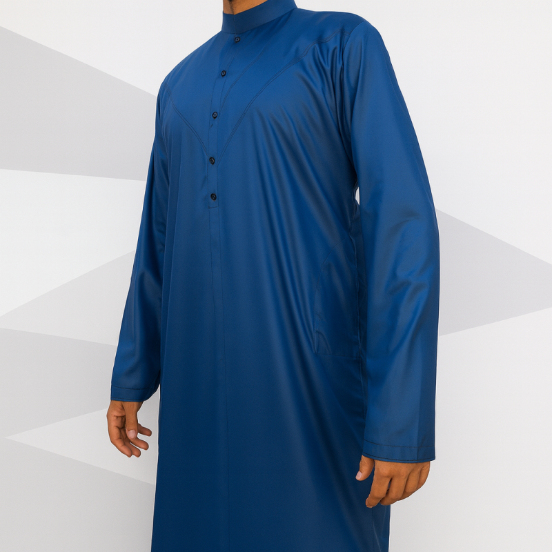 Emirati Kamees Royal Blue Precious Satin Fabric Bahraini Collar